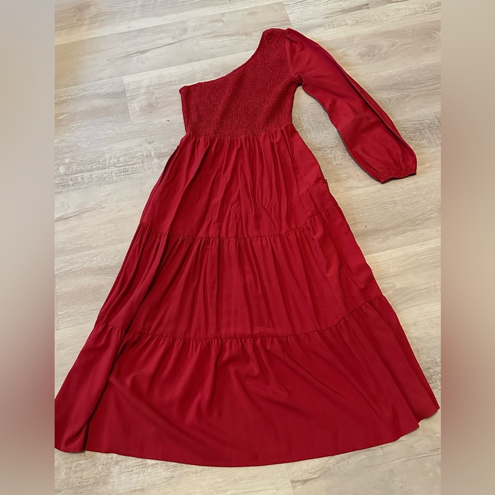 Red one shoulder dress with smocking, size small